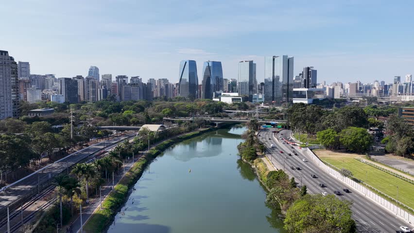 Pinheiros Road At Sao Paulo In Brazil. Downtown Cityscape. Freeway Road Scenery. Urban Landscape. Pinheiros Road At Sao Paulo In Brazil. Metropolis District. Sao Paulo Brazil.