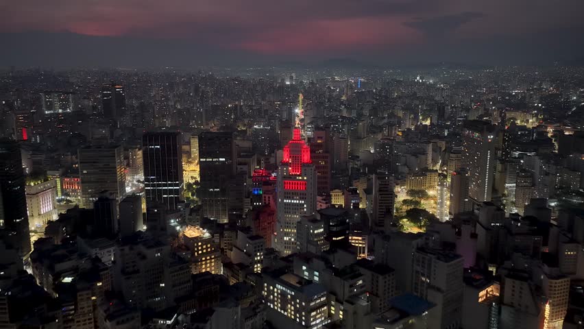 Sao Paulo Skyline At Sao Paulo In Brazil. Highrise Buildings Landscape. Downtown Cityscape. Night City. Sao Paulo Skyline At Sao Paulo In Brazil. Business Travel.