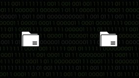 Digital file transfer animation between two folders on a flowing binary code background, data transfer, network security, cloud storage, or information technology - Powered by Shutterstock - Get 15% off with code: PIKWIZARD15