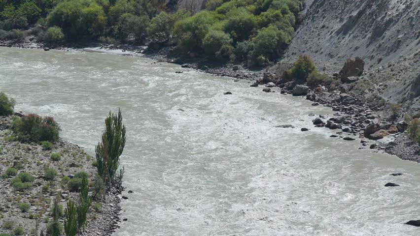 Hunza River water flowing 120fps Slow Motion 4K Footage. Fresh river stream running through the Karakoram mountains of northern Pakistan, scenic Hunza River landscape showing natural water flow 