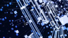 3d looped abstract background with data blocks. Information technology concept with data flow. Blue dark sci fi bg fly through hi tech digital space, neon light. Data flow in. 3D Illustration - Powered by Shutterstock - Get 15% off with code: PIKWIZARD15