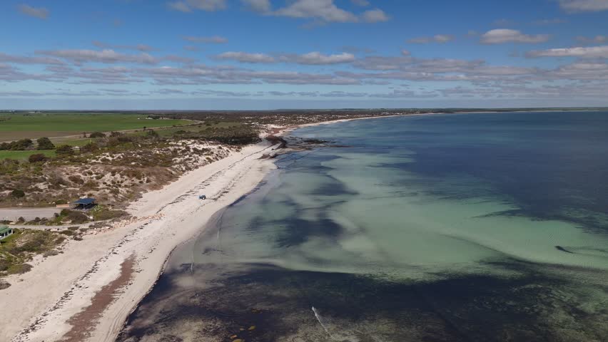 4K Aerial Drone View of Hardwicke Bay, Yorke Peninsula, South Australia – Longbottom Beach, Cove, Coastal Homes, Horseshoe Reef, and Farmland by the Australian Coastline