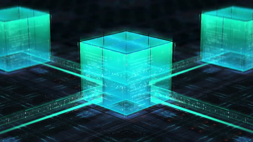 Futuristic Technology Animation of Blockchain Network With Data Background. Concept of Artificial Intelligence Cybersecurity Digital for Servers Computer Systems. Glowing Global Cubes. 3D Illustration