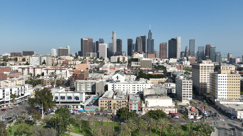 Los Angeles Downtown Skyscrapers from MacArthur Park Aerial Shot Orbit L in California USA