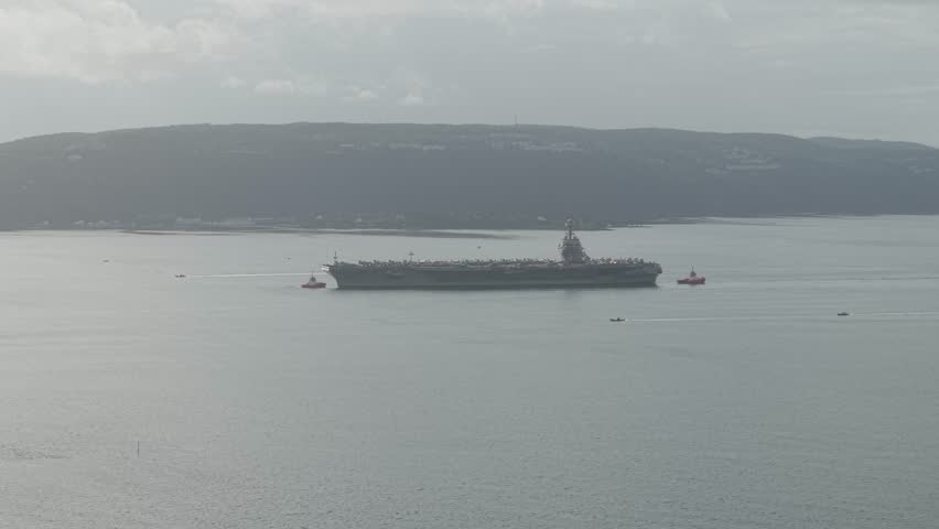 Aircraft Carrier USS Gerald R. Ford In Oslo Fjord, Oslo, Norway. - aerial shot