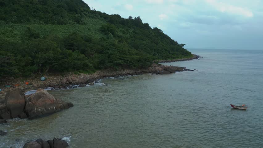 Drone footage of Green Hills and fishing boats at Son Tra Peninsula, Da Nang