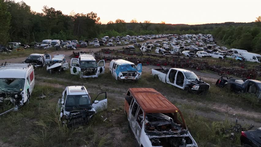 Row of damaged and destroyed vehicles on American junkyard at sunrise. Green suburb district of town with forest trees in summer. Aerial rising wide shot.