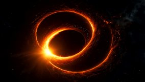 The disc appears to be rotating and emitting bright orange and yellow light, with visible gravitational distortion effects around it. - Powered by Shutterstock - Get 15% off with code: PIKWIZARD15