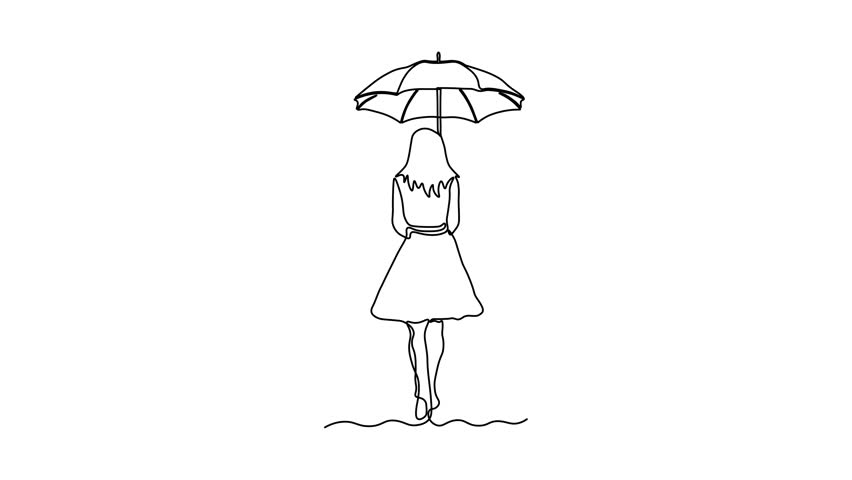 Abstract lonely girl under an umbrella with her back, in the rain. Self drawing animation one continuous line draw, logo on white background