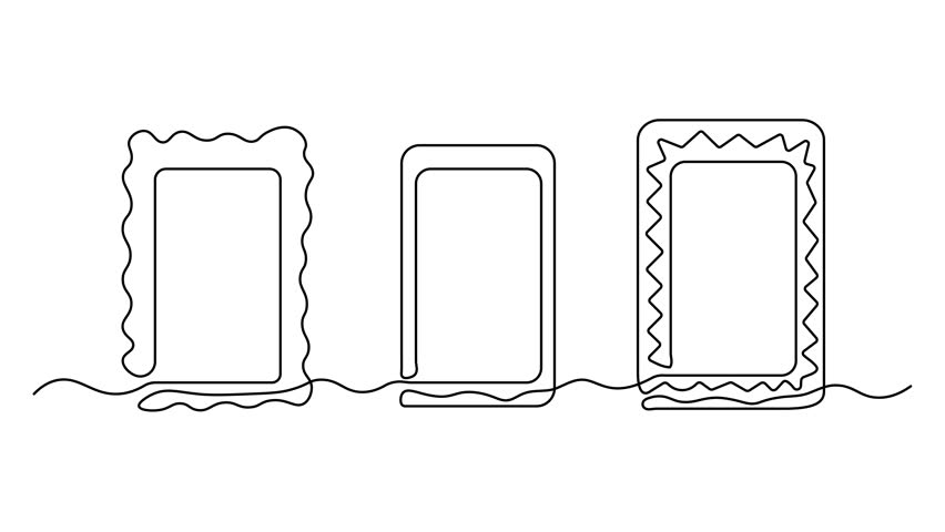 Three empty picture frames, Self drawing animation one continuous line draw, logo on white background