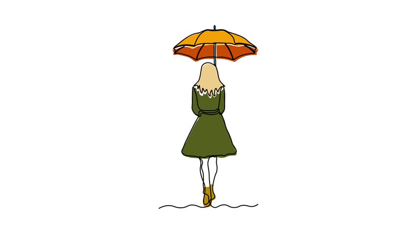 Abstract lonely girl under an umbrella with her back, in the rain. Self drawing animation one continuous line draw, logo on white background