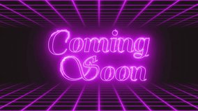 Neon “Coming Soon” animation with glowing purple text on retro futuristic grid. Stylish digital intro screen for events, videos, and creative announcements. - Powered by Shutterstock - Get 15% off with code: PIKWIZARD15