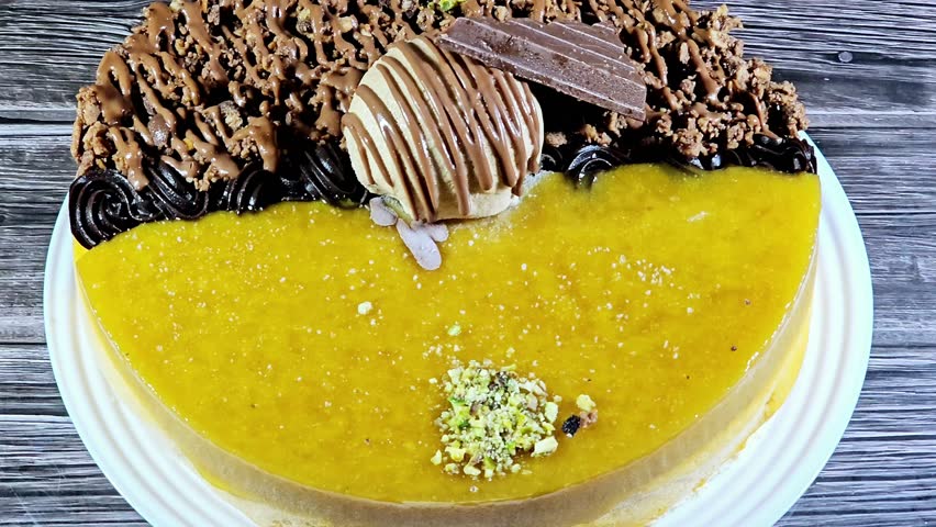 Ice cream cake, on a sponge cake layer, topped with chocolate pieces and cream and sauce, chunks of chocolates with pistachio pieces, half mango and half chocolates, summertime and holidays concept