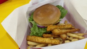 Paper tray burger with fries, panned smoothly in slow motion - Powered by Shutterstock - Get 15% off with code: PIKWIZARD15