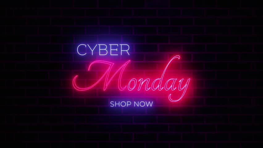 Cyber Monday neon sign animation with glowing sale promo text "Shop Now." Bright illuminated design for holiday discounts, online shopping promotions, and digital advertising.