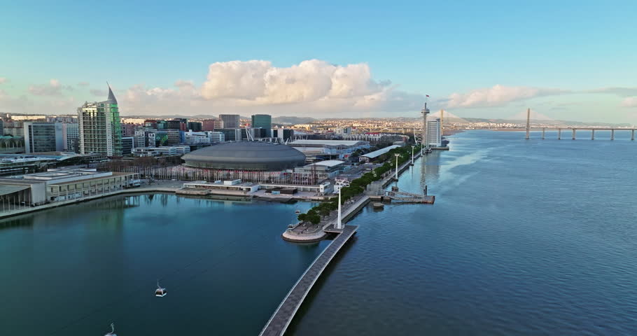 Portugal, Lisbon, 7.07.2025: Aerial view of Vasco da Gama Tower Babylon 360 and Myriad hotel