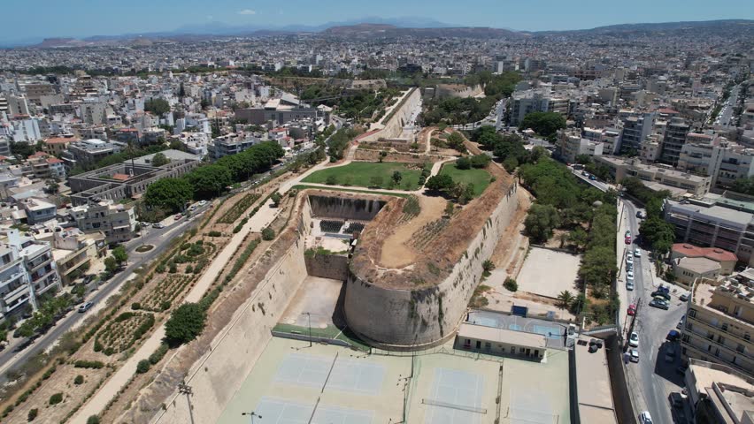 Aerial view of Nikos Kazantzakis Grave on the Venetian Walls of Heraklion, the fortification of the capital city of the island of Crete, Greece