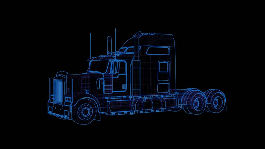 Futuristic 3D wireframe truck animation rotating 360 degrees on a black background. High-tech digital blueprint visualization of a semi-truck, perfect for logistics, transportation, technology, and en - Powered by Shutterstock - Get 15% off with code: PIKWIZARD15