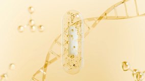 Close-up 3D visualization of a soft-gel capsule with white essence inside, set against DNA helix graphics and golden background. Modern medical and pharmaceutical concept. - Powered by Shutterstock - Get 15% off with code: PIKWIZARD15