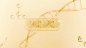 A transparent capsules arranged horizontally with golden liquid particles inside, floating on DNA helix backdrop. Modern design for medicine and supplement promotion. - Powered by Shutterstock - Get 15% off with code: PIKWIZARD15