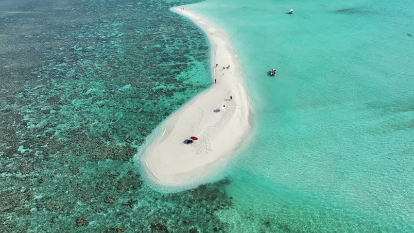 Aerial view of a pristine white sandbank meeting the turquoise sea, creating a stunning contrast of colors and textures, Thoddoo, Alif Alif Atoll, Maldives.