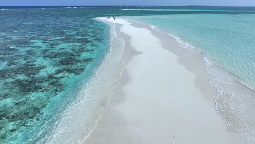Aerial view of the white sandbank surrounded by turquoise waters and coral reefs, creating a stunning contrast of colors, Thoddoo, Alif Alif Atoll, Maldives.