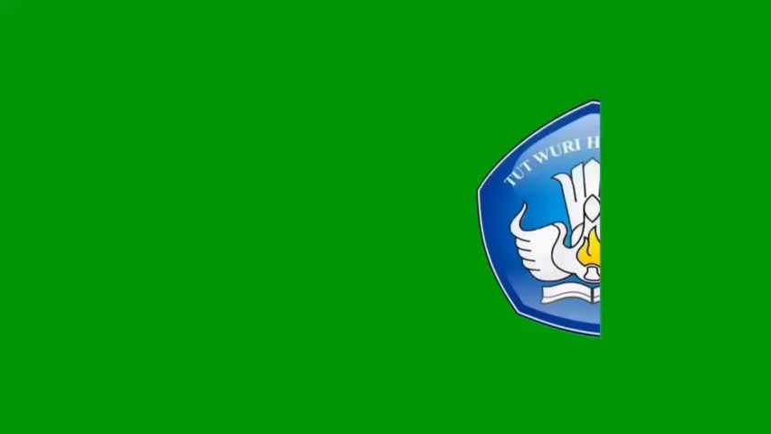 A short video shows the logo for the Ministry of Education and Culture of Indonesia being created, with a stylized Ki Hajar Dewantara symbol on a blue shield, against a solid green background.