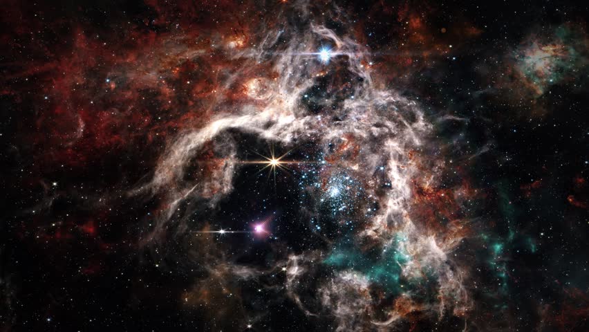 Flight Through Space Towards a Colorful Nebula with Rotation