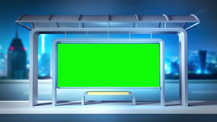 billboard at bus stop, 3d animation, green screen