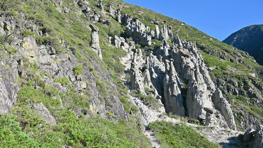 Stone mushrooms, geological formation in the Altai mountain region, Russia. Rare natural attraction
