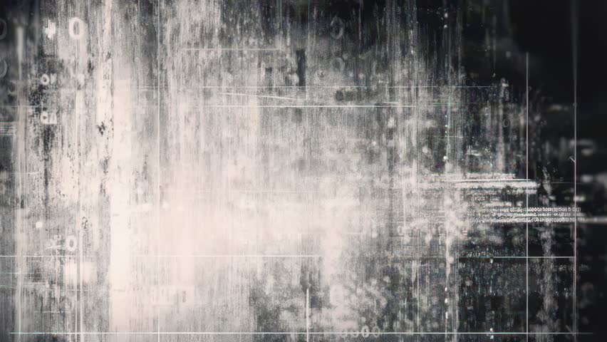 Faded industrial grunge glitch analog digital texture with pale white center dark borders scattered red accents fragmented data clusters and distressed film grain seamless loop
