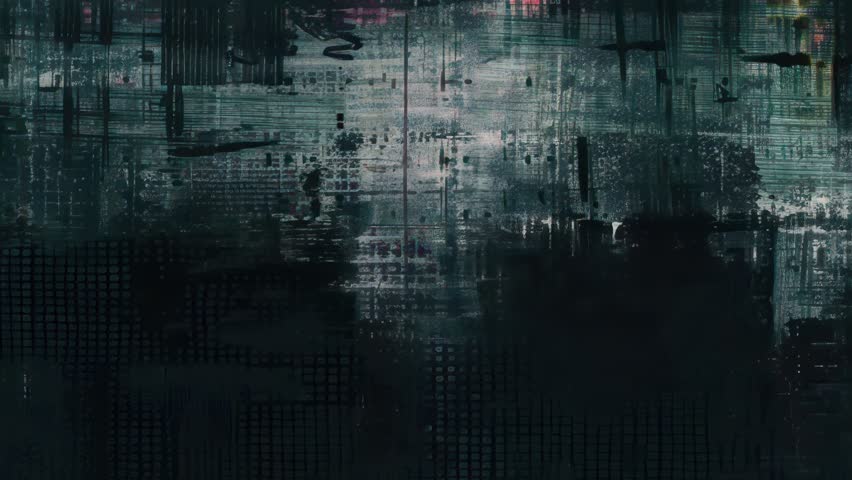 Hazy industrial grunge glitch analog digital frame with pale mist dark shadows blurred vertical streaks faint crimson accents and cinematic static noise seamless loop