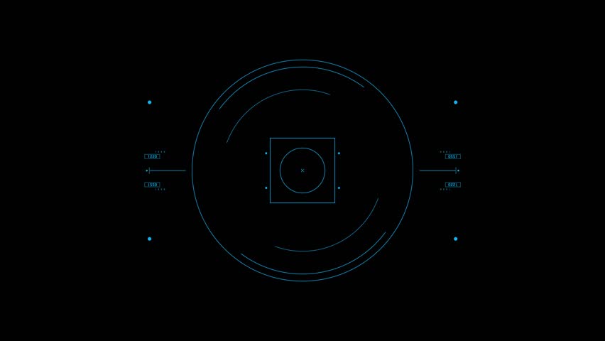 Animated heads-up display with blue circles, squares, and data points. Seamless loop for sci-fi, technology, or surveillance concepts. Isolated on black background for overlay