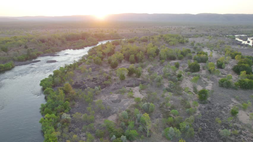 Outback Nature Landscape Along Ord River At Sunset In The Kimberley Region, Australia. Aerial Drone Shot