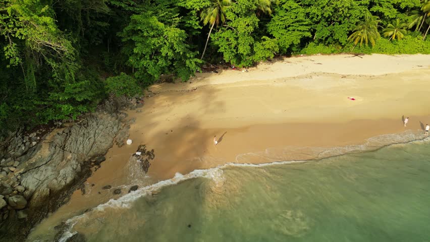 People on a beach among palm trees in Asia. Phuket, Thailand. Drone video