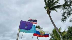 Flags of Thailand and Russia Waving in Strong Wind, Thai National Flag with Blue and Purple Royal Banners, Russian National Flag with Emblem and Cyrillic Inscription on Stormy Sky and Palm Tree Tops. - Powered by Shutterstock - Get 15% off with code: PIKWIZARD15