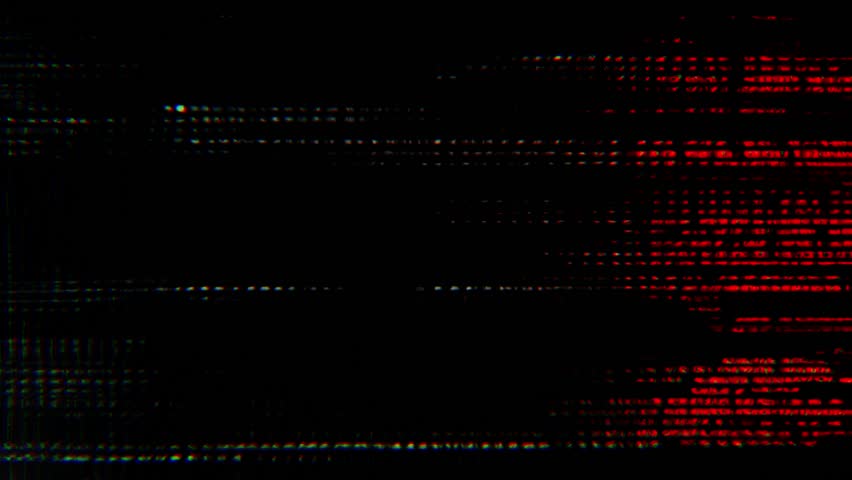 Red cyber glitch industrial grunge analog digital distortion with black background glowing fragments horizontal noise and corrupted data pulses seamless loop