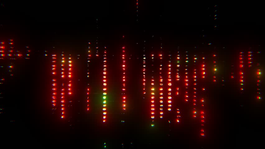 Neon dot cascade industrial grunge glitch analog digital with red and green lights vertical data rain cyberpunk motion and black noir background seamless loop