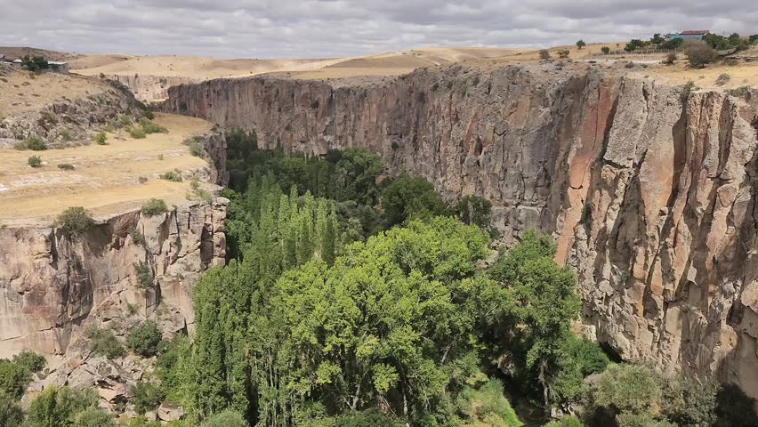 In Aksaray Turkey, a panoramic September view from above of Ihlara Valley in İlisu, a renowned destination for its many earlier Christianity cave churches and natural beauties
