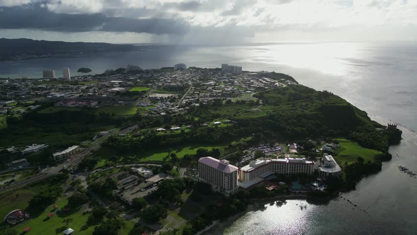 Aerial View Of Hotels By The Tumon Bay In Guam - Drone Shot