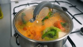 Stuffed bell peppers simmering in tomato sauce under lid in saucepan on kitchen. Culinary techniques, homemade preparing healthy meal, cook food, domestic traditional cuisine. Vegetable meat dish. - Powered by Shutterstock - Get 15% off with code: PIKWIZARD15