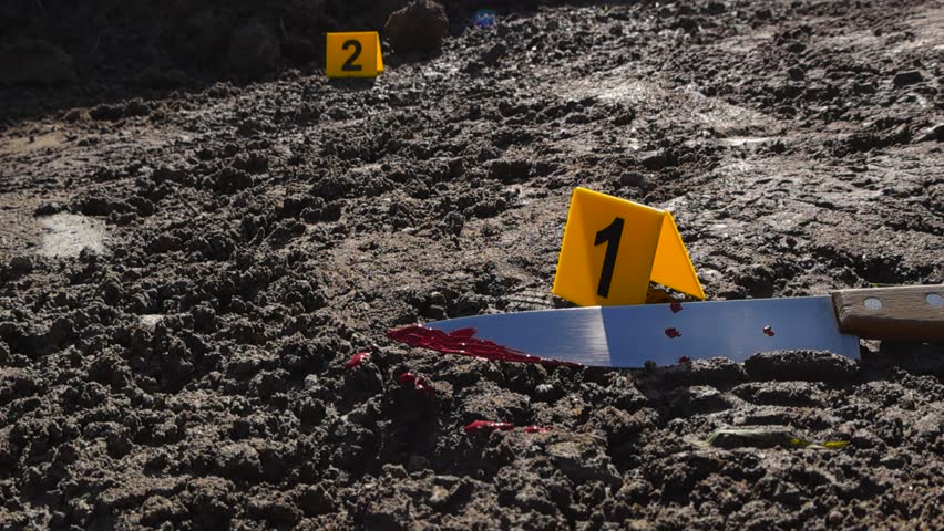 Close up view of yellow colored and numbered Crime markers next to murder and crime evidence like a bloody kitchen knife, footprints and tiretracks on muddy ground in a rural spot, sunshine, bokeh.