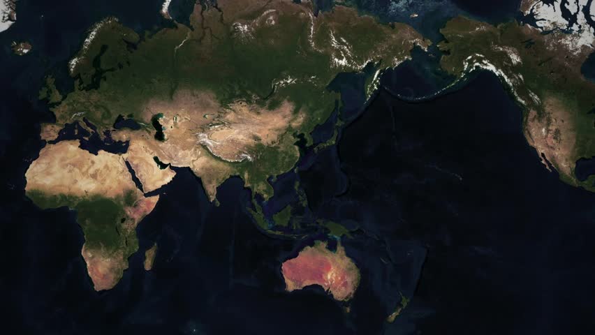 An aerial view of Taiwan, highlighted in red, surrounded by the dark blue ocean, with a hint of landmass visible.