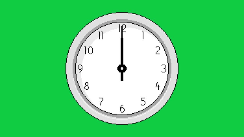 A full one-hour time lapse of a pixel art clock. The hands move from 12 o'clock to 1 o'clock on a green screen, perfect for showing duration.