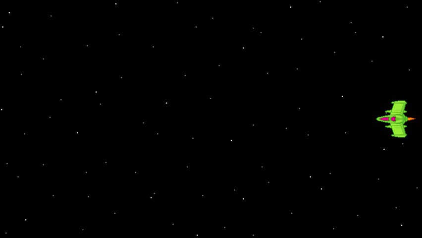 Pixel art loop animation of green spaceship on right side with parallax starfield. Slight speed variation creates dynamic flight effect.