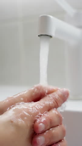 Close-up sequence of hands being rinsed under a running faucet in a bathroom sink, highlighting personal hygiene, clean water flow, and proper handwashing technique