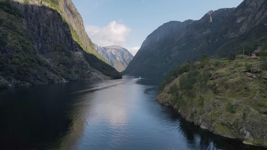 Famous Nærøyfjord. Unesco heritage listed fjord. Drone footage
