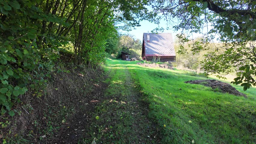 Walking along a grassy path lined with tall bushes towards an old wooden cabin with a steep roof on a sunny day