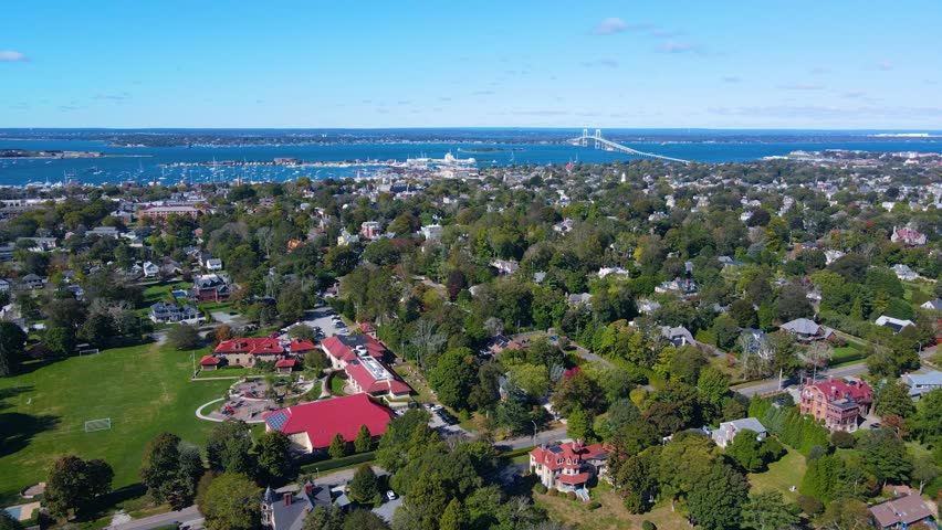 Newport Harbor aerial view in Narragansett Bay, city of Newport, Rhode Island RI, USA. 