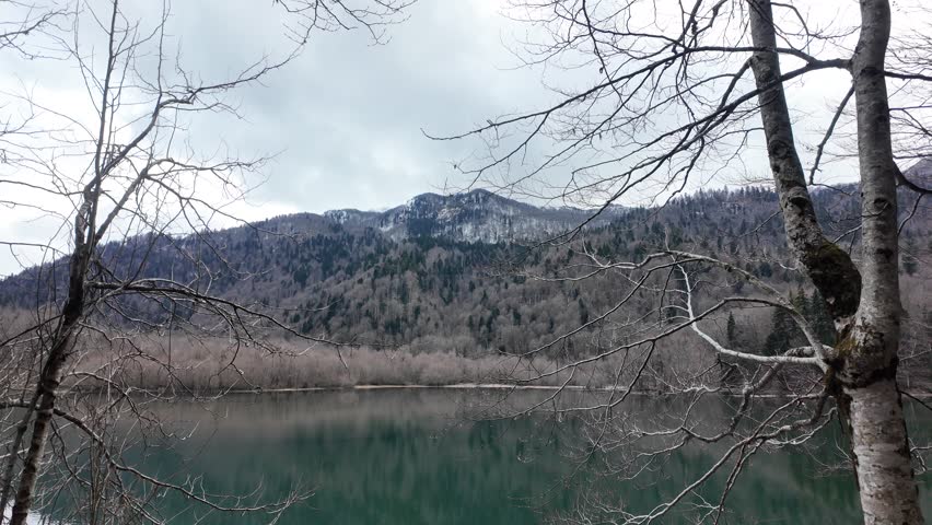 Snow-covered mountain ridges behind a blue mountain lake, framed by gray, damp spring tree branches.